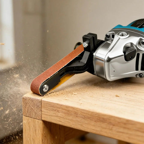 Upgrade Any Angle Grinder To A Belt Sander Instantly on a wooden surface for woodworking and rust removal.