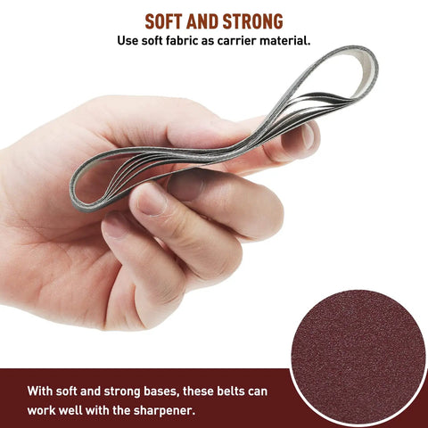 Hand holding Replacement Sanding Belt Kit 3/4x12 for Ken Onion Edition Knife Sharpener, flexible belt close-up, soft fabric carrier.