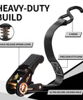 Heavy Duty Ratchet Tie Down Straps One Inch By Fifteen Feet with S-hook, spring lever, and precision stitching for secure hauling.