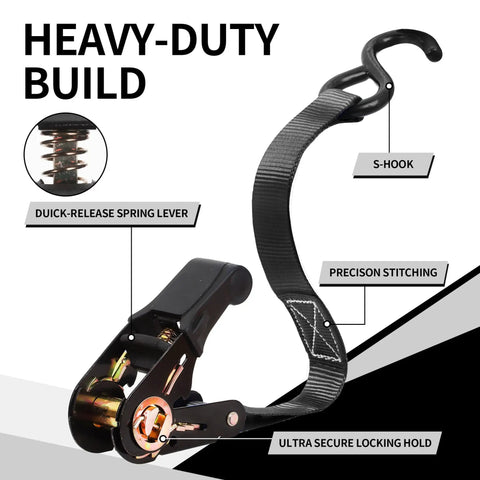 Heavy Duty Ratchet Tie Down Straps One Inch By Fifteen Feet with S-hook, spring lever, and precision stitching for secure hauling.