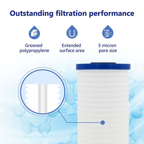 10 Inch 4.5 Inch Whole House Water Filter Replacement No Fuss Easy Install For 3M Aqua-Pure AP810 AP811 AP801 AP801-C AP801T P801B Whirlpool WHKF-GD25BB VWHKF-DWHBB 5 Micron Sediment Filter Pack Of 3 For Tap And Well Water showing grooved polypropylene and filtration performance.