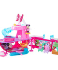Colorful Bowdazzling Minnie Mouse Yacht Playset With Lights And Sounds 14 Piece Boat Set featuring figures, slide, juice bar, and hammock.