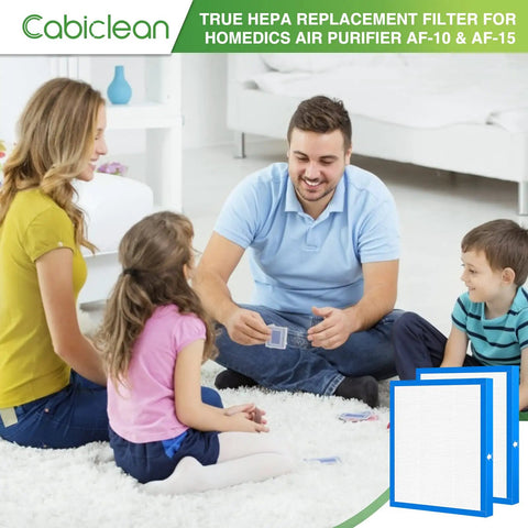 Family sitting in living room with True HEPA Replacement Filters For HoMedics AF-10 AP-15 AF-10FL Air Purifiers Pack Of 2.