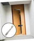 Heavy Duty Stainless Steel Sliding Gate Latch And Barn Shed Door Security Bar displayed with wooden double doors.