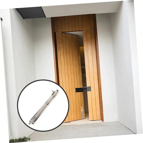 Heavy Duty Stainless Steel Sliding Gate Latch And Barn Shed Door Security Bar displayed with wooden double doors.