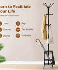 Freestanding Coat Rack With Umbrella Holder, Metal Coat Tree With 12 Hooks, in entryway with coat, bag, and umbrella organized.