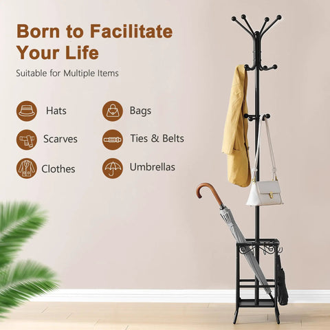 Freestanding Coat Rack With Umbrella Holder, Metal Coat Tree With 12 Hooks, in entryway with coat, bag, and umbrella organized.