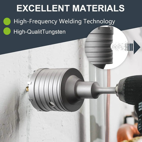 Heavy Duty Four Inch Concrete Hole Saw Kit, 100mm Masonry Core Drill Bit, showing tungsten bit in action on a wall.