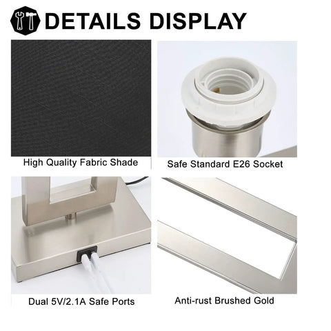 Details of 22-Inch Black Touch Table Lamps Set of 2 with No-Fuss Dual USB Ports, showcasing fabric shade and brushed nickel finish