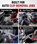 Professional Grade Auto Clip Pliers Built For Quick No Fuss Damage Free Extraction Of Car Trim Fasteners And Panel Removers in use on engine, door, and dashboard clips.