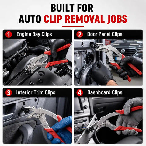 Professional Grade Auto Clip Pliers Built For Quick No Fuss Damage Free Extraction Of Car Trim Fasteners And Panel Removers in use on engine, door, and dashboard clips.