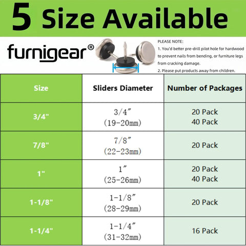 Size chart for Furnigear furniture glides, showing available sizes, diameter, and package options for nail-on cushioned glides.