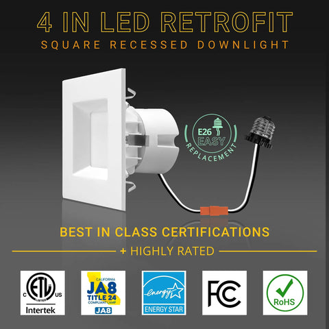 4 Pack 4 Inch Square LED Recessed Retrofit Lights With 5 CCTs 2700K 3000K 3500K 4000K 5000K 750 Lumens 11W Dimmable Wet Rated