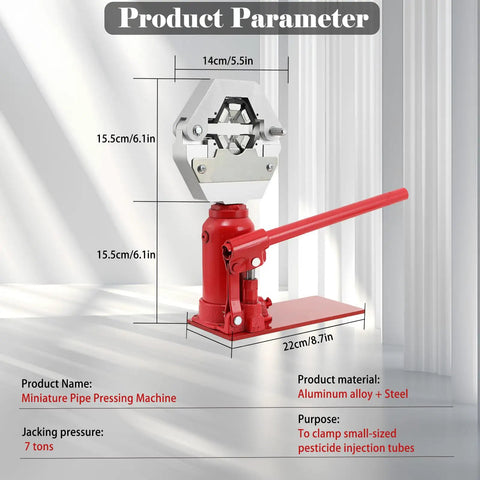 7 Ton Benchtop Portable Hydraulic Hose Crimper With 4 Dies Manual High Pressure Hose Crimp Tool shown with dimensions