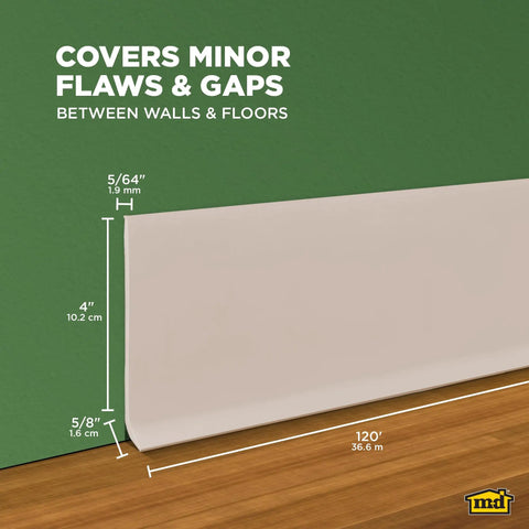4 Inch By 120 Foot Dry Back Vinyl Wall Base With Toe Kick, beige trim along a wall, showing dimensions and toe kick design