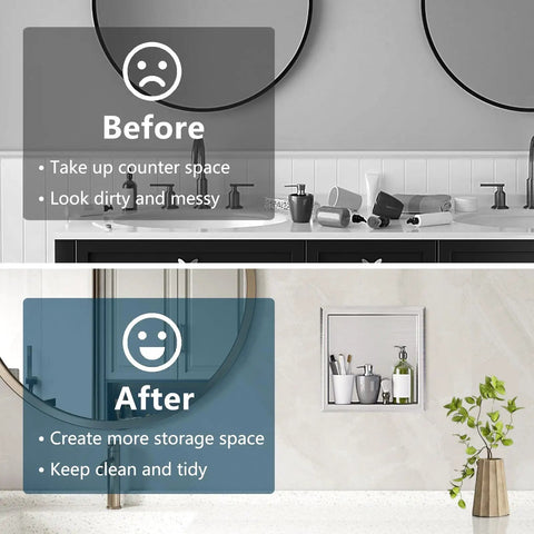 Before and after image showing Stainless Steel Shower Niche 12x12 In Recessed Shelf Brushed Nickel Finish Waterproof Wall Storage Niche No Tile Needed Easy Install For Bathrooms In Wet Areas with neat storage.