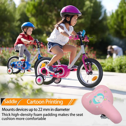 Cute Rabbit Design Kids Bike Seat With Foam Padding For 12 To 20 Inches Bicycles Fits 22mm Post With Mount Comfortable Replacement Saddle For Boys And Girls Easy Install And Smooth Rides shown with kids riding bicycles.
