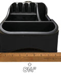 Front view of Must Have Ride Universal Floor Console Organizer For Cars Trucks And Minivans Black ABS Vinyl Clutter Catcher with a ruler