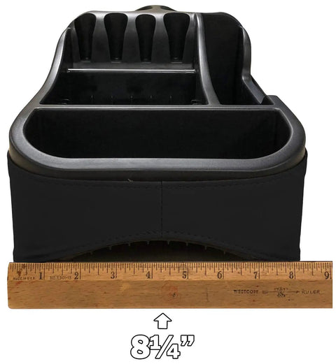 Front view of Must Have Ride Universal Floor Console Organizer For Cars Trucks And Minivans Black ABS Vinyl Clutter Catcher with a ruler