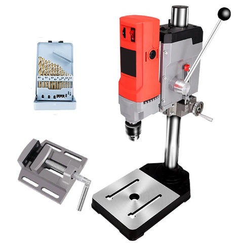 Piefeak 6-Speed Electric Pillar Drill Bench Machine With Vice, includes drill, metal table, and vice, perfect for wood and metal drilling.