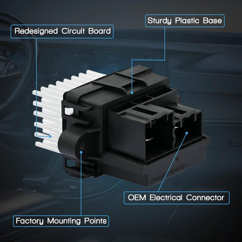 Close-up of Hvac Blower Motor Resistor With Wire Harness For Chevy Silverado Equinox Tahoe Suburban showing circuit board and connectors.