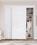 5-Panel Bypass Sliding Closet Door With Steel Frame, White Primed Finish, 72 X 80 Inches, installed in bedroom closet