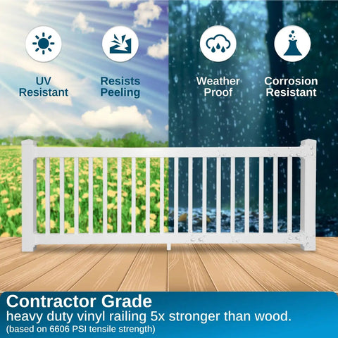 Top Shelf White Vinyl Deck And Porch Railing Kit provides chill kickback vibes, weatherproof, 4-8 ft for outdoor balconies.