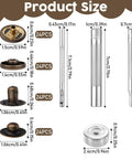 Product size chart showing components of Heavy Duty Leather Snap Fasteners Kit For DIY Projects with tools and snap buttons.