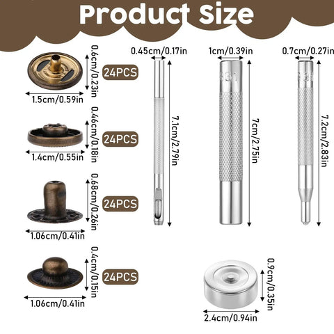 Product size chart showing components of Heavy Duty Leather Snap Fasteners Kit For DIY Projects with tools and snap buttons.