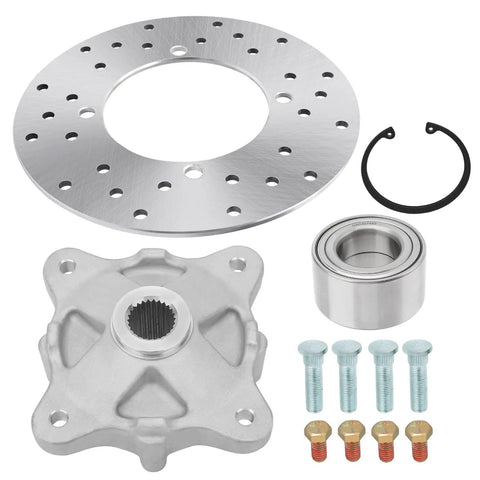 Heavy Duty Rear Wheel Hub Bearing And Brake Rotor Studs Replacement Kit For Polaris RZR Sportsman ACE Ranger ATV UTV 2006 Plus, includes rotor, bearing, and bolts.