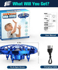 Hand Operated Kids Drone With AI Motion Sensor box, instruction manual, charging cable, and mini blue quadcopter