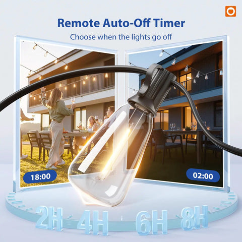 Close-up of a shatterproof ST38 bulb from 100 Ft LED Outdoor String Lights With Remote Control, showcasing auto-off timer feature.