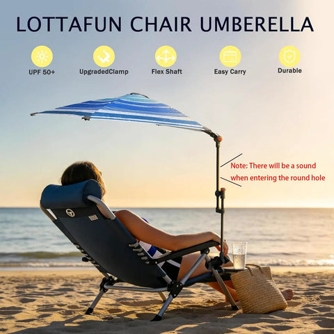 Super Lightweight Clip On Chair Parasol With Heavy Duty Universal Clamp UPF 50 Plus UV Protection Portable Cool Beach Shade on beach chair.
