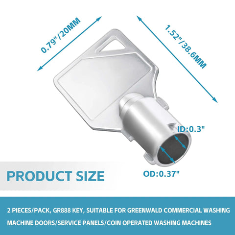 Premium 2 Pack GR888 Washer And Dryer Keys For Greenwald Speed Queen Commercial Coin Operated Machines Replacement Cash Box Lock Keys 8 20 888 Compatible With 54612 AP24028 And Other Models, showing individual key dimensions.