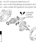 Diagram of seals for 3/4 inch pressure balancing unit with lubricate instructions