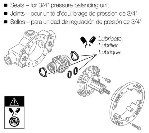Diagram of seals for 3/4 inch pressure balancing unit with lubricate instructions