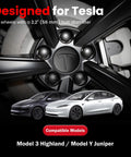 Close-up of a car wheel with 4 Pack Car Wheel Center Hub Cap Kit With 22 Lug Nut Covers 2.2 Inch 56mm Rim Caps For Tesla Model 3 and Model Y.