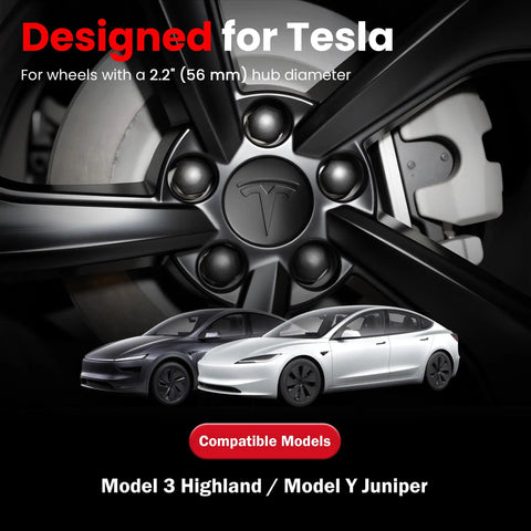 Close-up of a car wheel with 4 Pack Car Wheel Center Hub Cap Kit With 22 Lug Nut Covers 2.2 Inch 56mm Rim Caps For Tesla Model 3 and Model Y.