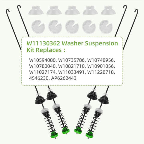Upgraded W11130362 Washer Suspension Rod Kit for Whirlpool Maytag with rods, brackets, and inserts displayed clearly.