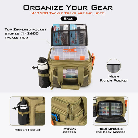 Versatile Tackle Bag With Four 3600 Trays for Saltwater and Freshwater Fishing, open view showing tackle trays and pockets