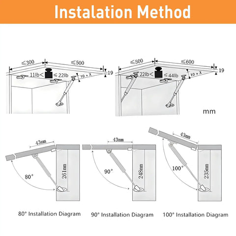 Installation diagram of Heavy Lid Gas Struts Pair, 200N 44lb Per Strut, showing angle positions for cabinets and toy boxes.