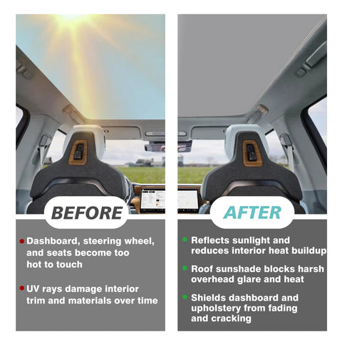 Custom Foldable Roof Sunshade For Rivian R2 Gray Heat Reflective Cover Drops Right In To Keep Your Ride Chilled Through Nasty Heatwaves While Knocking Out Harsh Sun Glare And Uv Rays With Ease, interior view comparison before and after use.