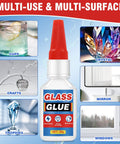 Ultra Strong Glass Glue For Mirrors Jewelry And Diy Art 30g Clear Adhesive With Fast Cure Bond That Sticks Without Clamps Ideal For Glass Repairs Trophies And Crystal Projects bottle shown with applications on cups, crafts, mirrors, windows, trophies, and crystal.