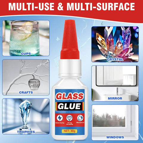 Ultra Strong Glass Glue For Mirrors Jewelry And Diy Art 30g Clear Adhesive With Fast Cure Bond That Sticks Without Clamps Ideal For Glass Repairs Trophies And Crystal Projects bottle shown with applications on cups, crafts, mirrors, windows, trophies, and crystal.