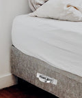 Low Profile Zinc Alloy Recessed Cabinet Pulls Hidden Wardrobe Door Handle For Drawers And Closets 85mm Hole Spacing Durable Concealed Cabinet Hardware attached to a bed frame
