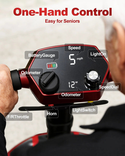 Front view of red Ecomobi M4 mobility scooter control panel with speed readout, odometer, and battery gauge.
