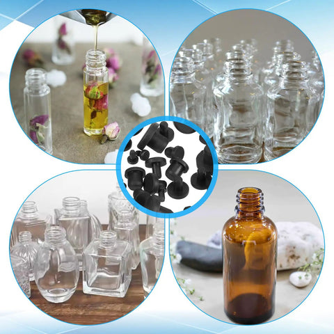 Collage featuring glass bottles and 80 Piece Silicone Rubber Hole Plugs Set For Round Holes 4mm To 9.5mm Waterproof Stoppers