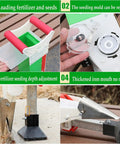 Adjustable Handheld Seeding Tool And Fertilizer Spreader For Gardeners showing features and durable design components.