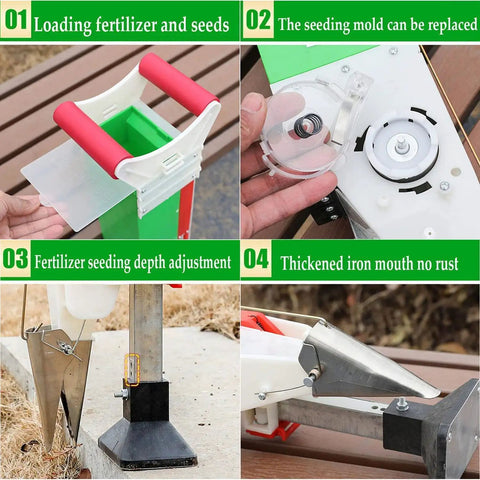 Portable Manual Seeding Machine For Peanuts And Soybeans, adjustable handheld seed planter details with components and adjustments.