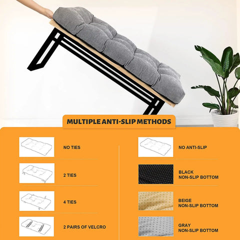 Gray custom bench cushions waterproof window seat pad non slip tufted for patio furniture swing seat shown with anti-slip options.